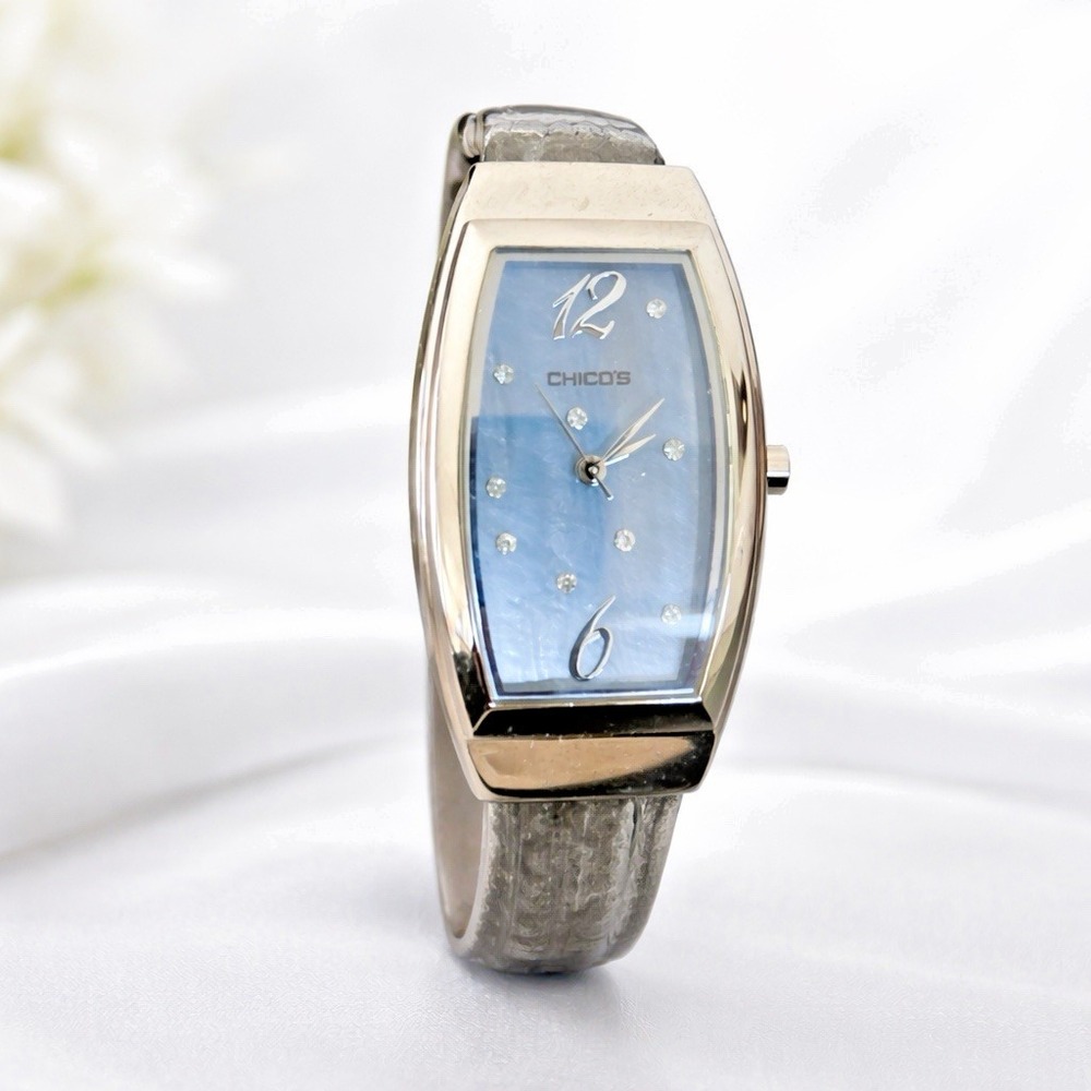 Chico's Blue Dial Rhinestone Cuff Watch Silver Tone Y2K Boutique